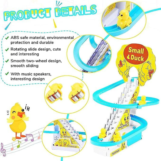 Duck Slide Toy Set, Automatic Stair-Climbing Ducklings Race Track Set with Lights and Music