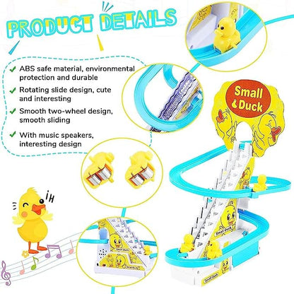 Duck Slide Toy Set, Automatic Stair-Climbing Ducklings Race Track Set with Lights and Music