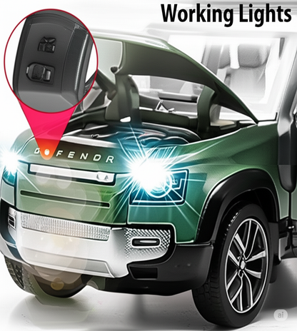 "Realistic RC Defender Diecast Model Car – Remote Control, Metal Body, Smoke Effect, Lights & Doors That Open!"