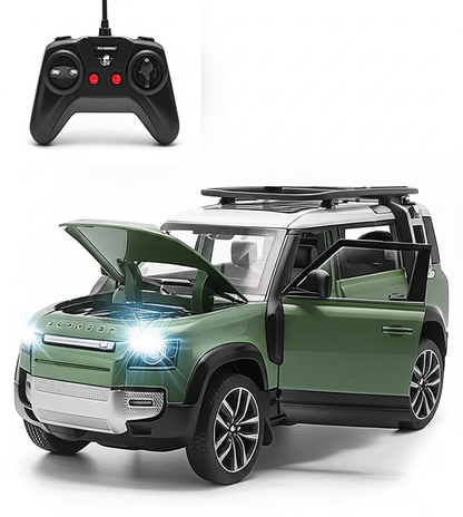 "Realistic RC Defender Diecast Model Car – Remote Control, Metal Body, Smoke Effect, Lights & Doors That Open!"