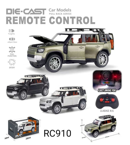 "Realistic RC Defender Diecast Model Car – Remote Control, Metal Body, Smoke Effect, Lights & Doors That Open!"