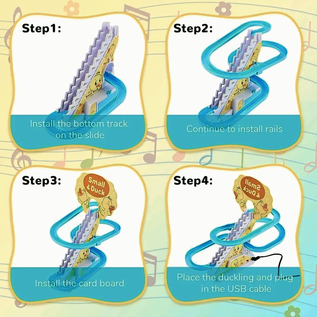 Duck Slide Toy Set, Automatic Stair-Climbing Ducklings Race Track Set with Lights and Music