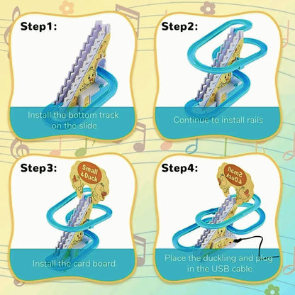 Duck Slide Toy Set, Automatic Stair-Climbing Ducklings Race Track Set with Lights and Music